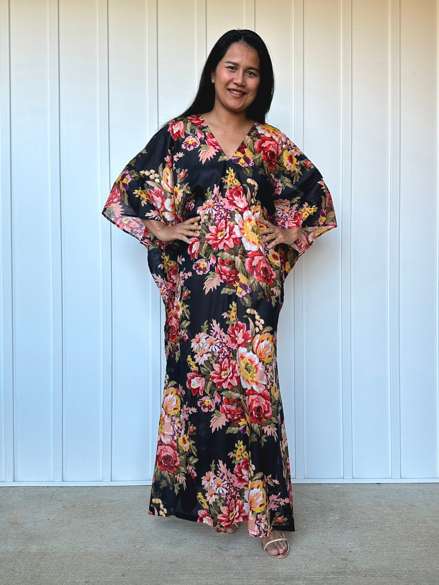 MALA handworks Evelyn Kaftan in Black and Floral Pattern
