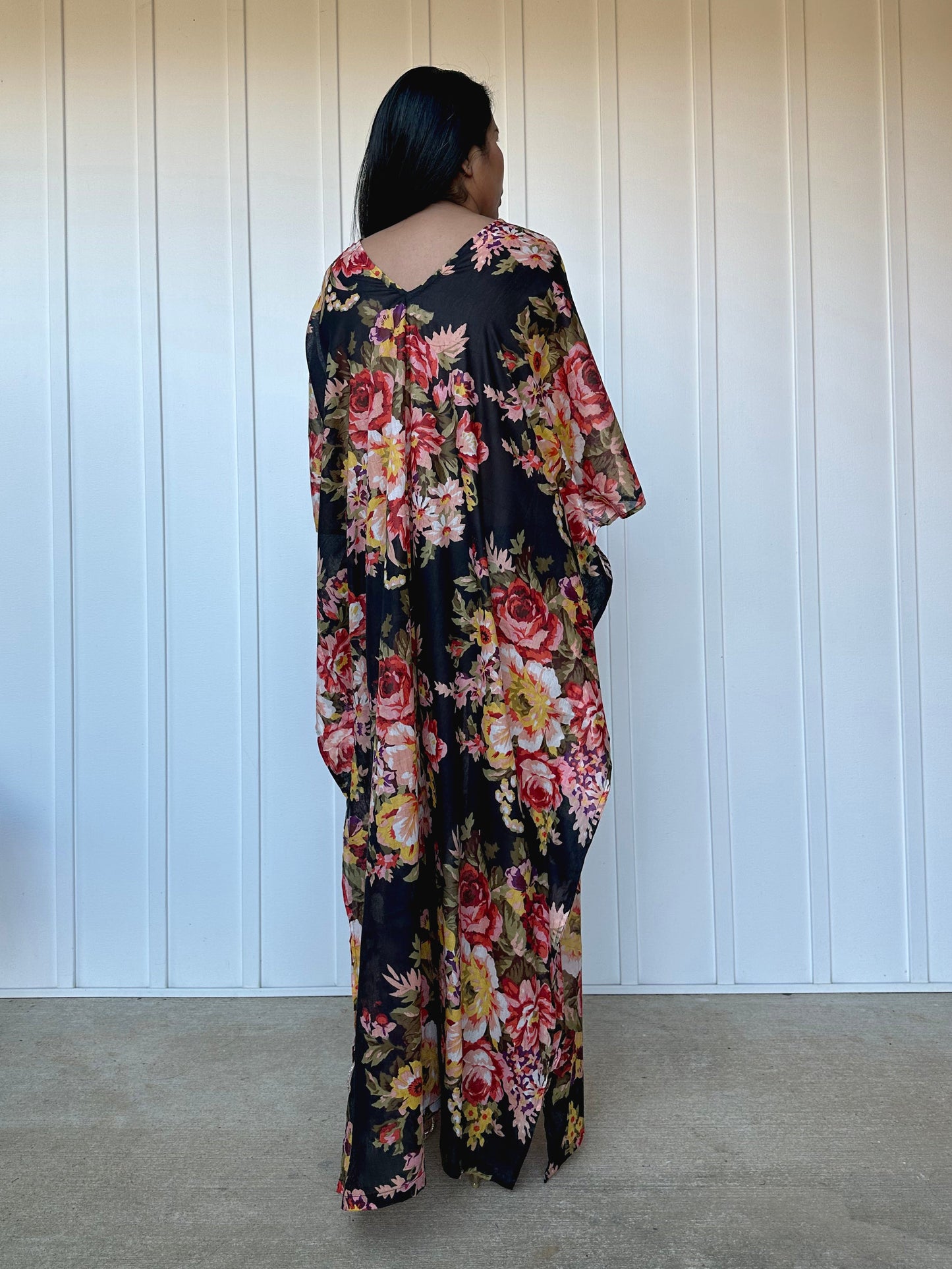 MALA handworks Evelyn Kaftan in Black and Floral Pattern