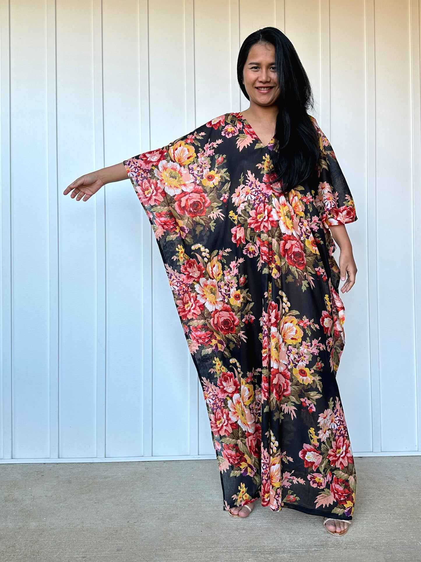 MALA handworks Evelyn Kaftan in Black and Floral Pattern