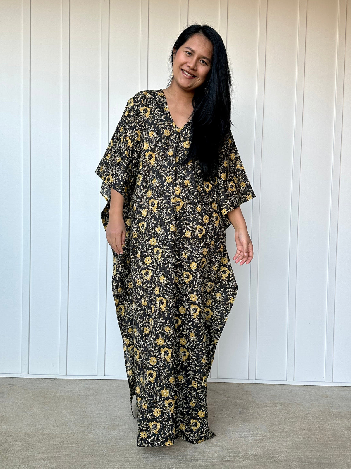 MALA handworks  56 Evelyn Kaftan in Black and Yellow Pattern