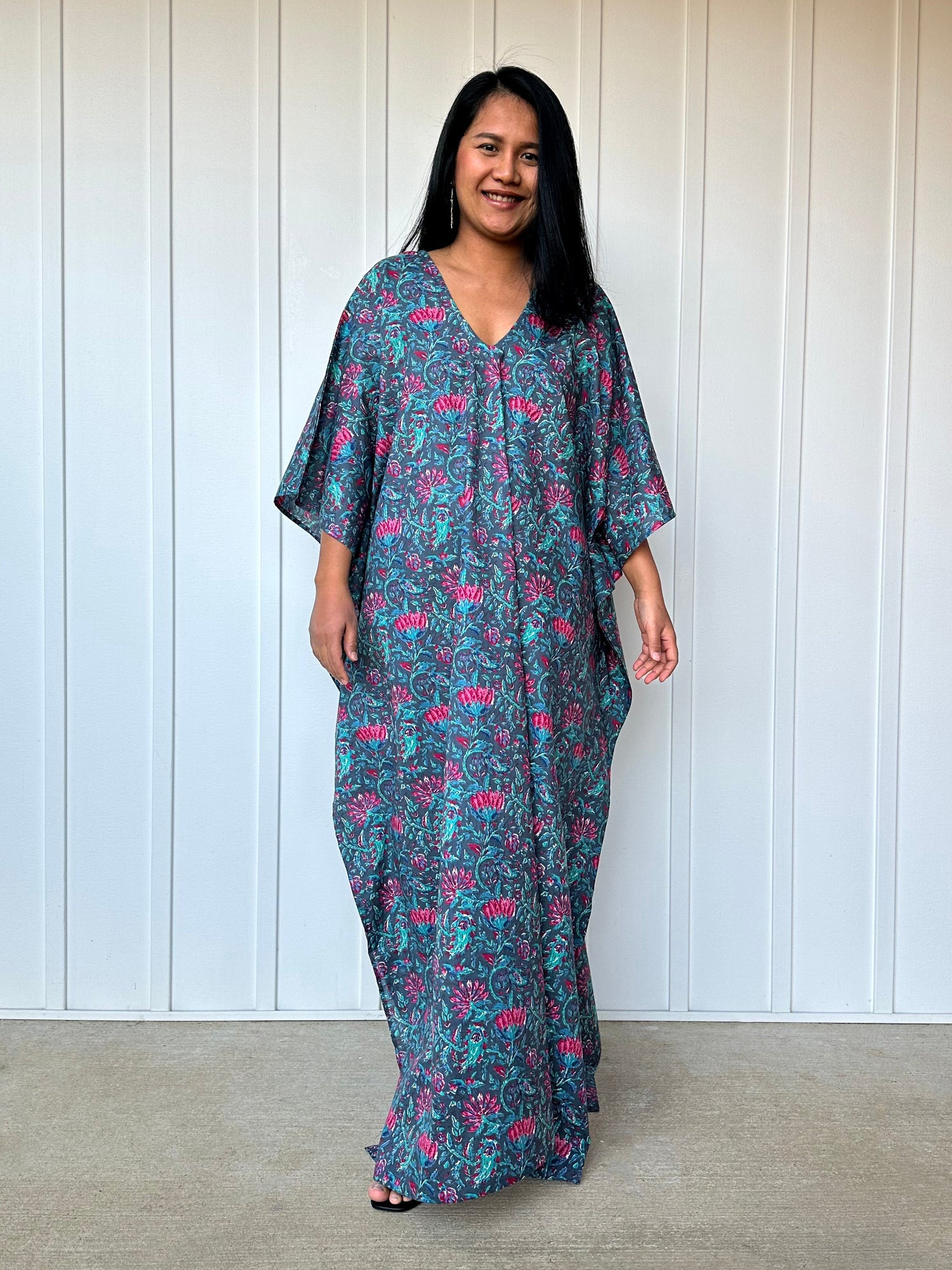MALA handworks  56 Evelyn Kaftan in Blue and Floral Pattern
