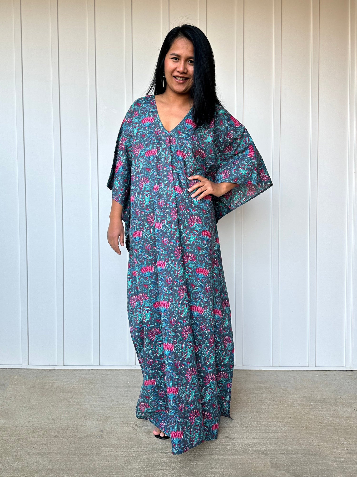 MALA handworks  56 Evelyn Kaftan in Blue and Floral Pattern