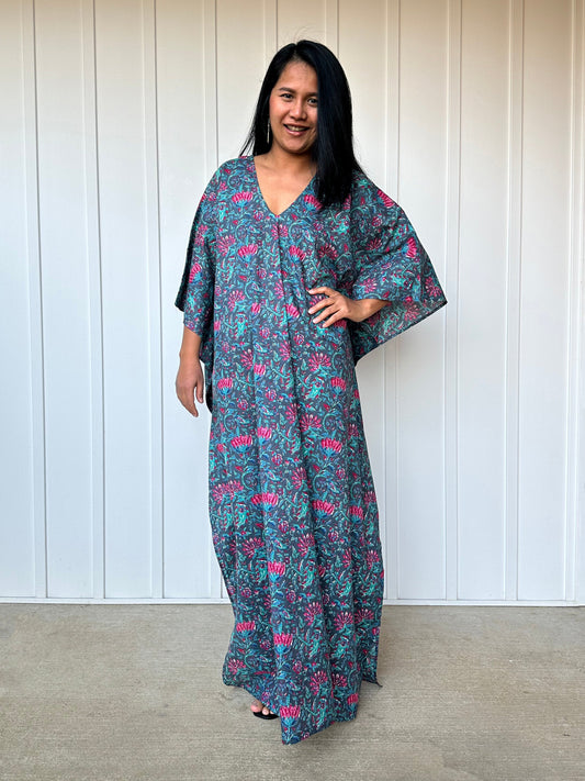MALA handworks 56 Evelyn Kaftan in Blue and Floral Pattern