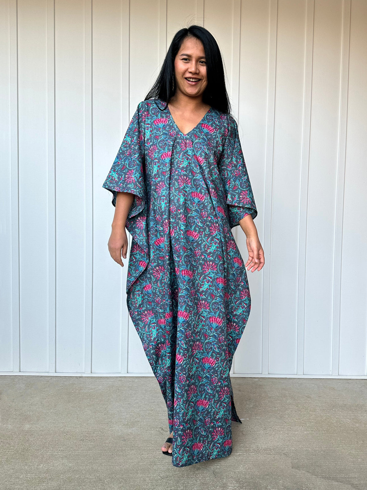 MALA handworks  56 Evelyn Kaftan in Blue and Floral Pattern