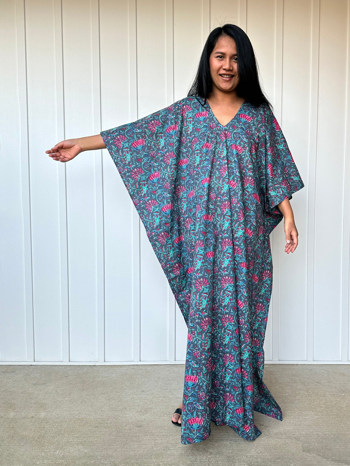 MALA handworks  56 Evelyn Kaftan in Blue and Floral Pattern