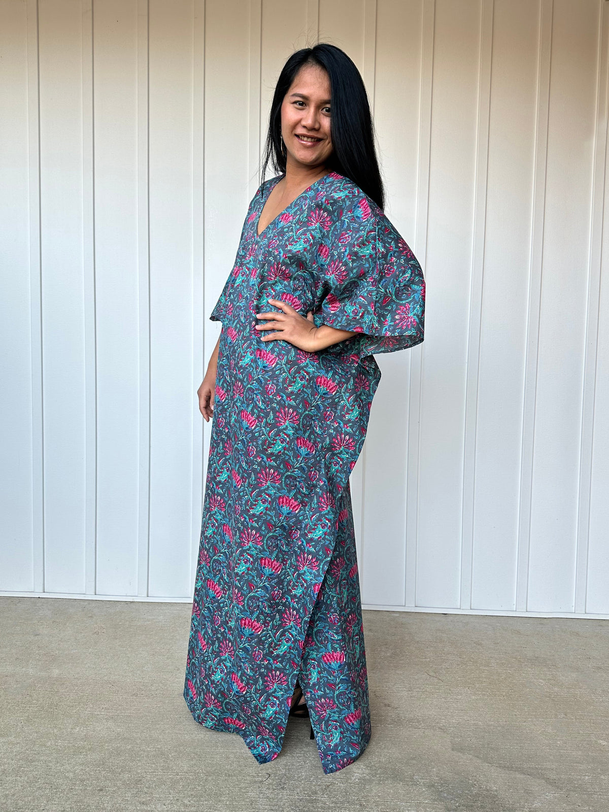 MALA handworks  56 Evelyn Kaftan in Blue and Floral Pattern