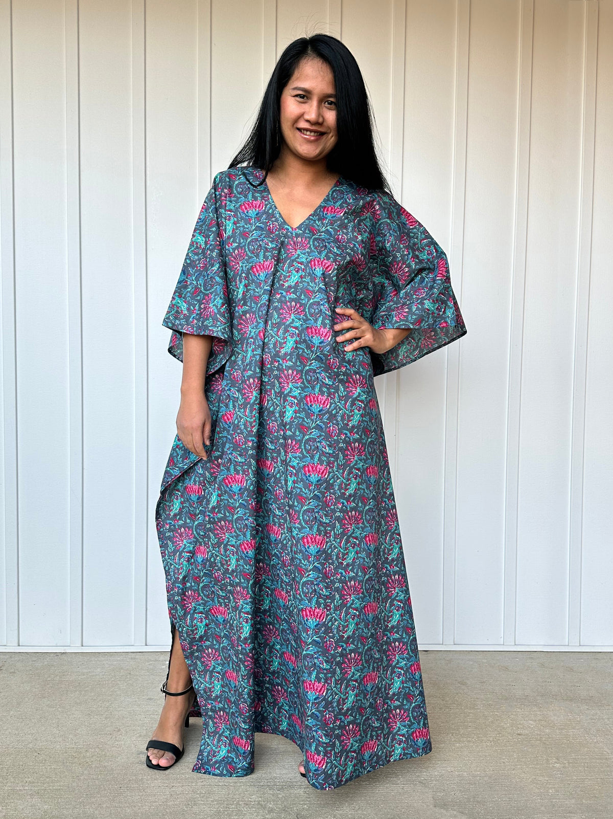 MALA handworks  56 Evelyn Kaftan in Blue and Floral Pattern