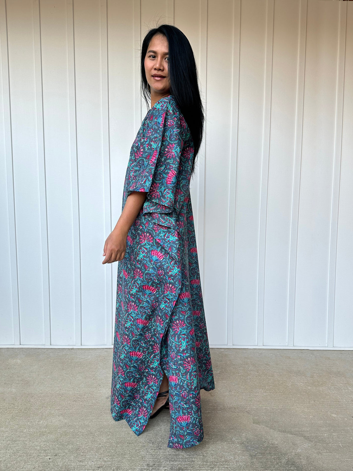 MALA handworks  56 Evelyn Kaftan in Blue and Floral Pattern