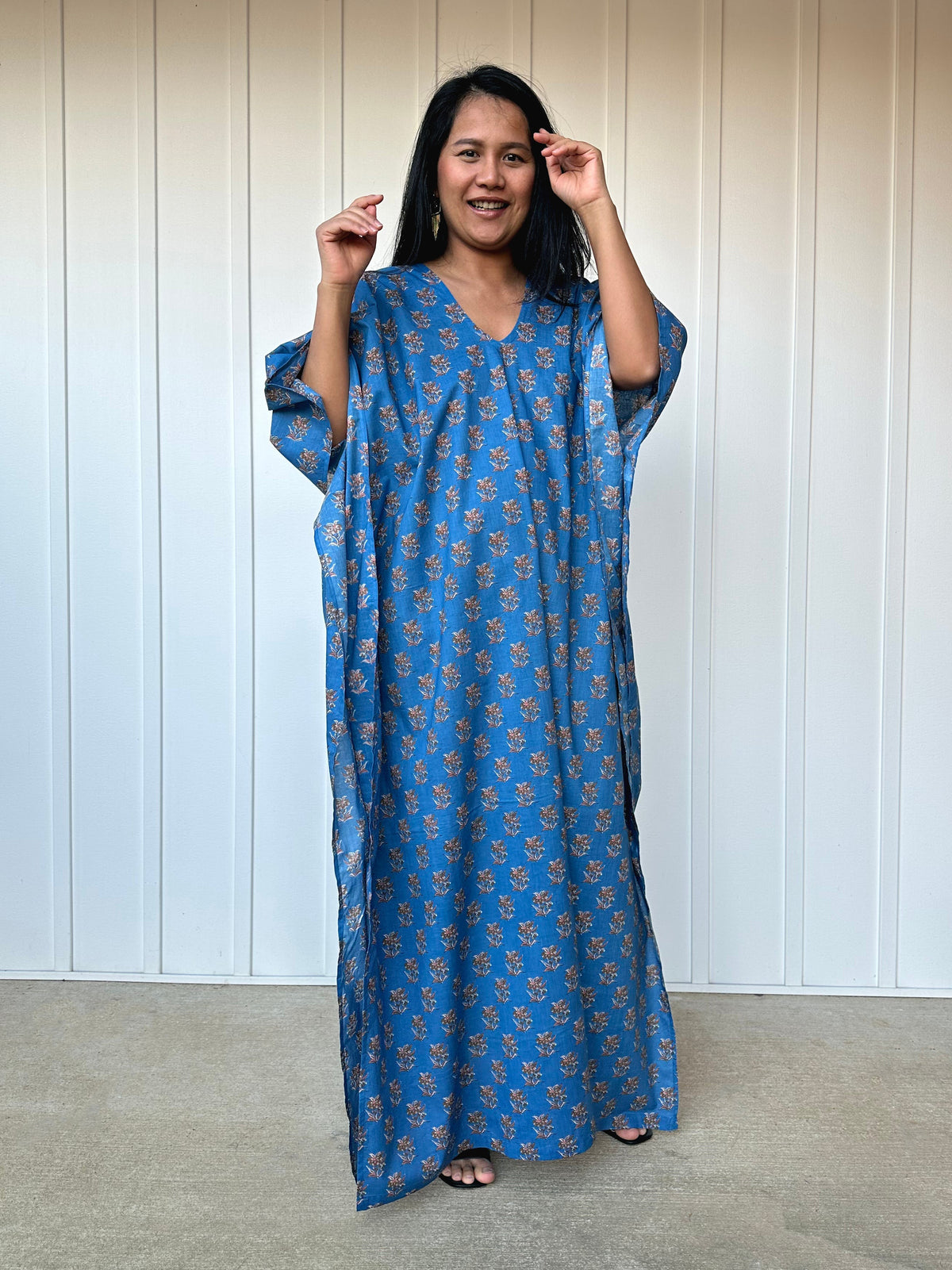 MALA handworks  56 Evelyn Kaftan in Blue and Floral Pattern