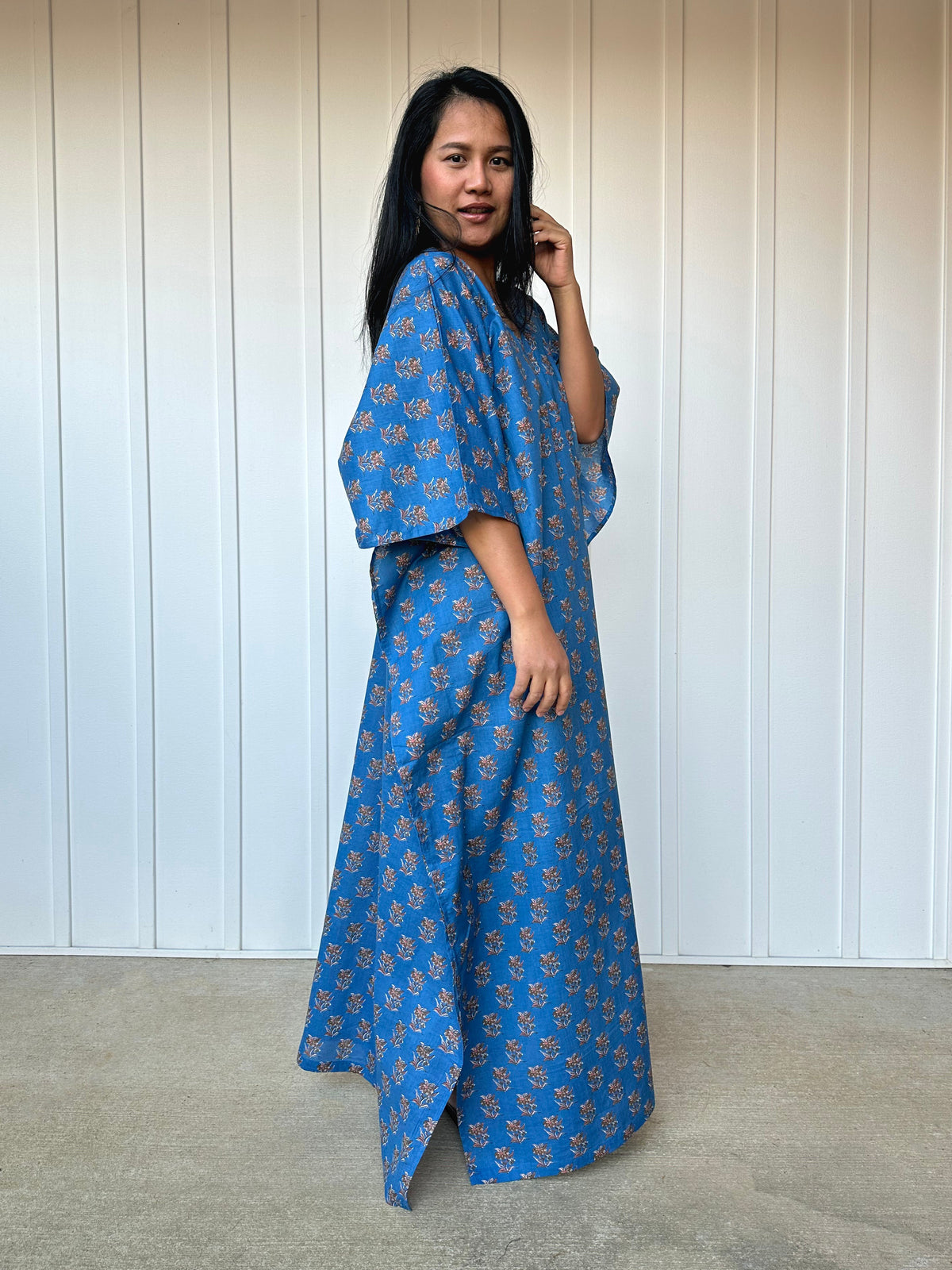 MALA handworks  56 Evelyn Kaftan in Blue and Floral Pattern