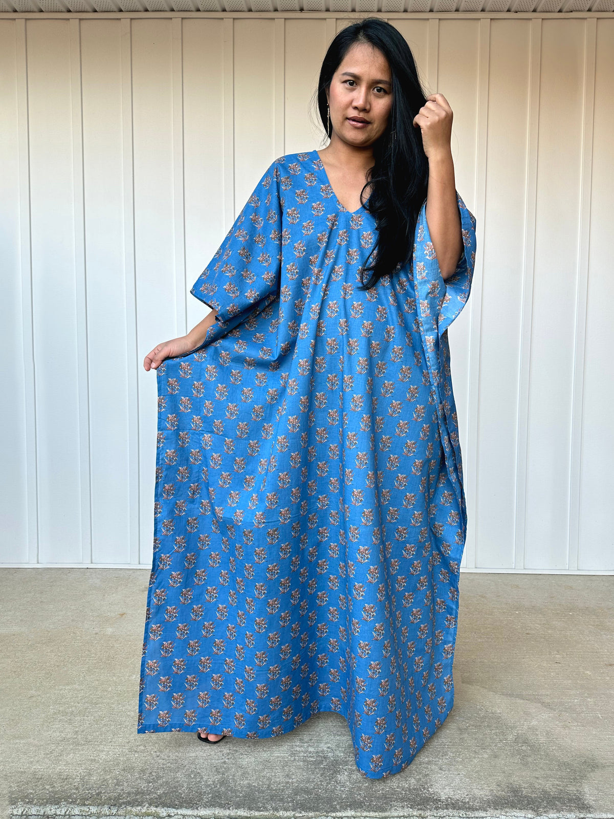 MALA handworks  56 Evelyn Kaftan in Blue and Floral Pattern