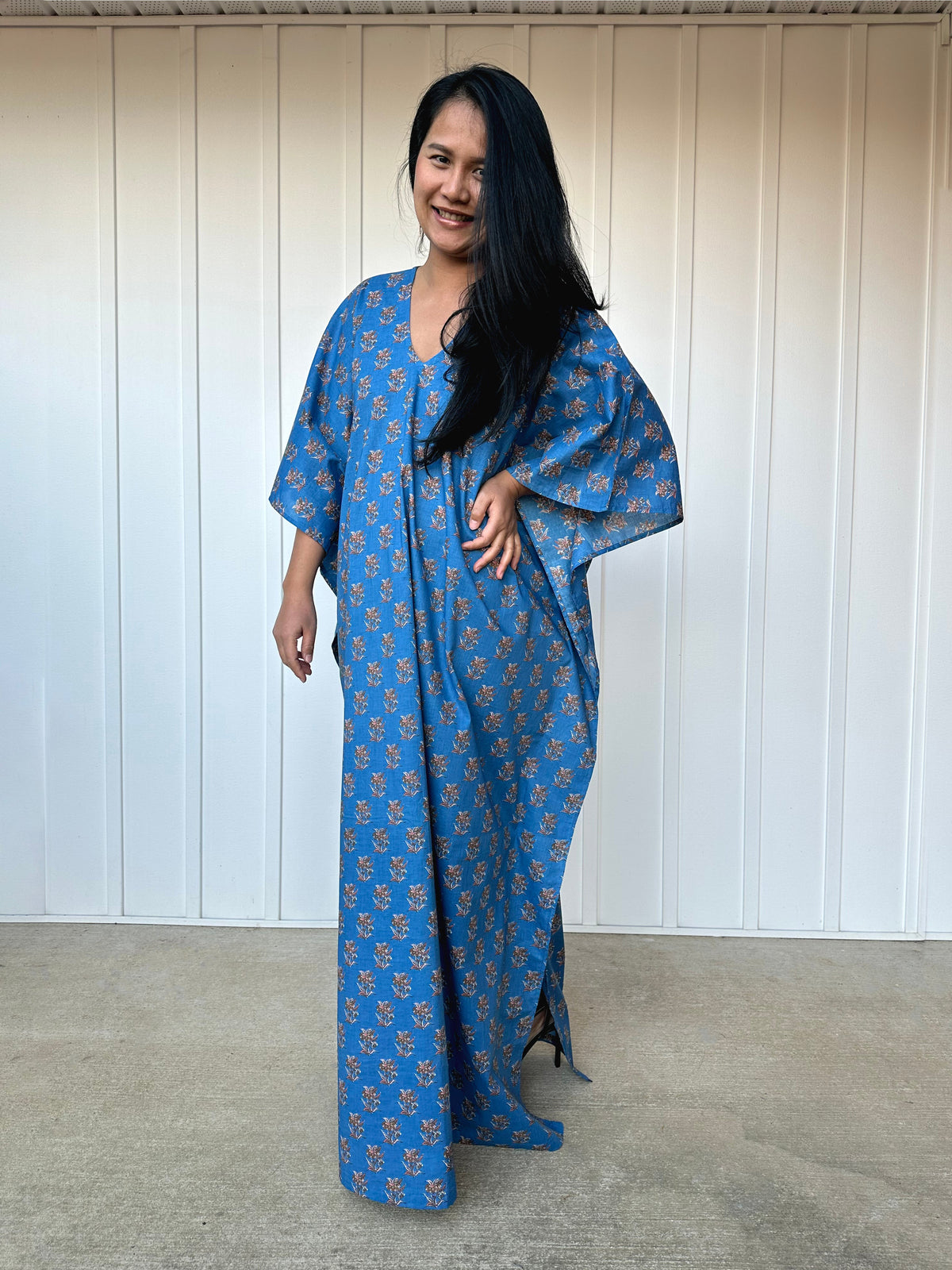 MALA handworks  56 Evelyn Kaftan in Blue and Floral Pattern