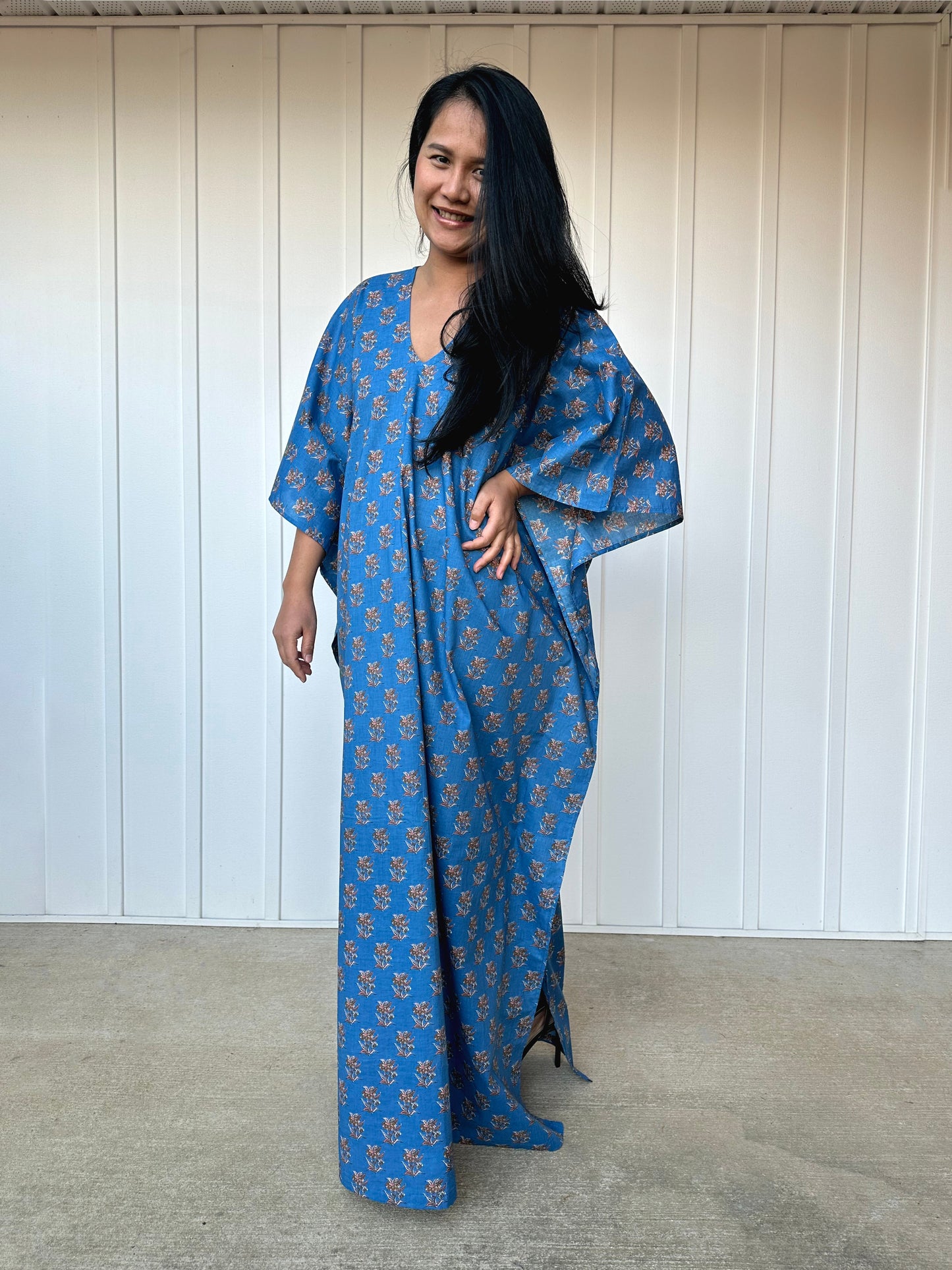 MALA handworks 56 Evelyn Kaftan in Blue and Floral Pattern