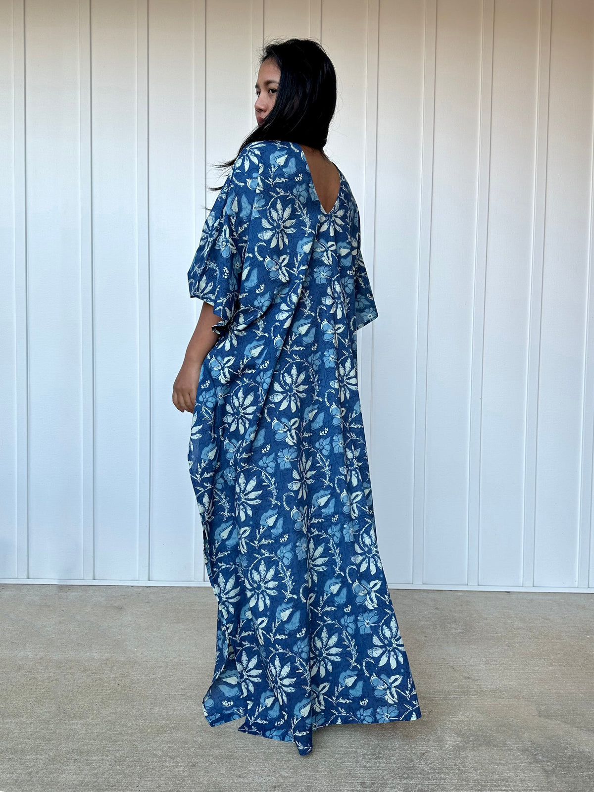 MALA handworks  Evelyn Kaftan in Blue and Floral Pattern