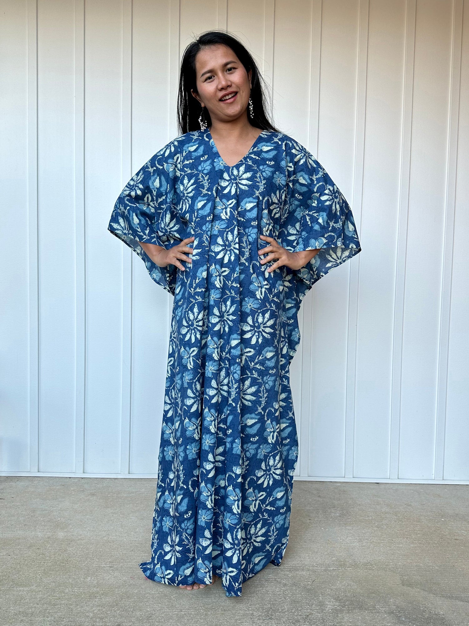 MALA handworks  Evelyn Kaftan in Blue and Floral Pattern
