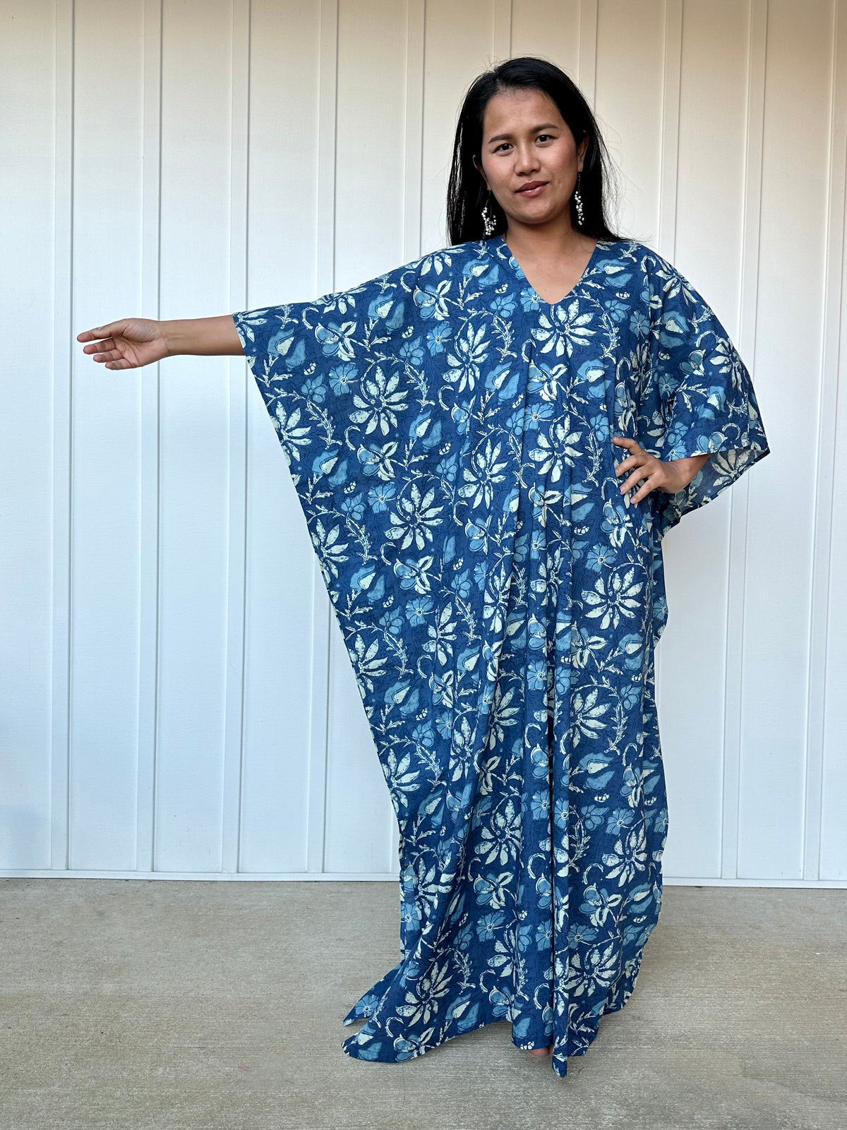 MALA handworks  Evelyn Kaftan in Blue and Floral Pattern
