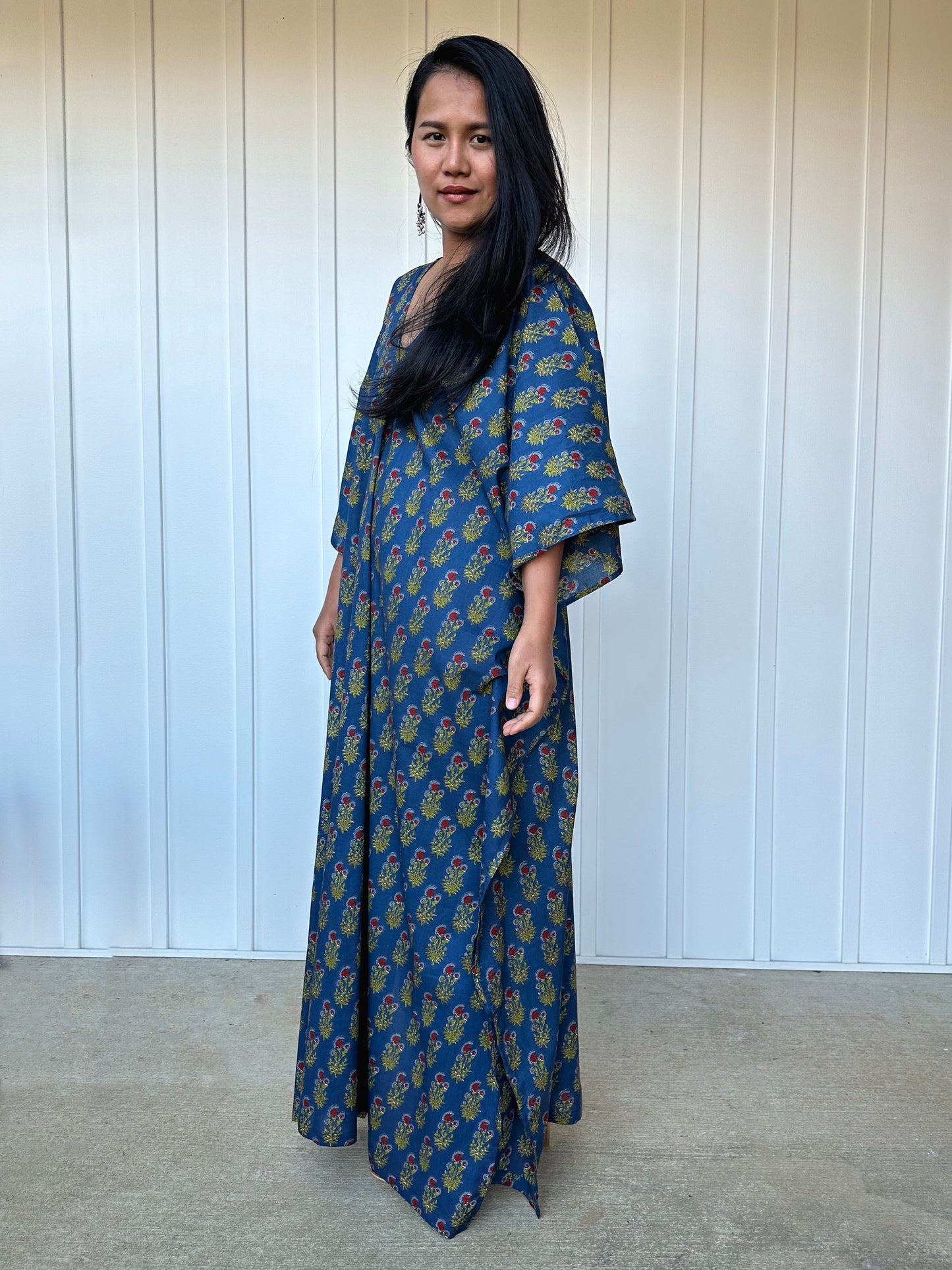 MALA handworks Evelyn Kaftan in Blue and Floral Pattern