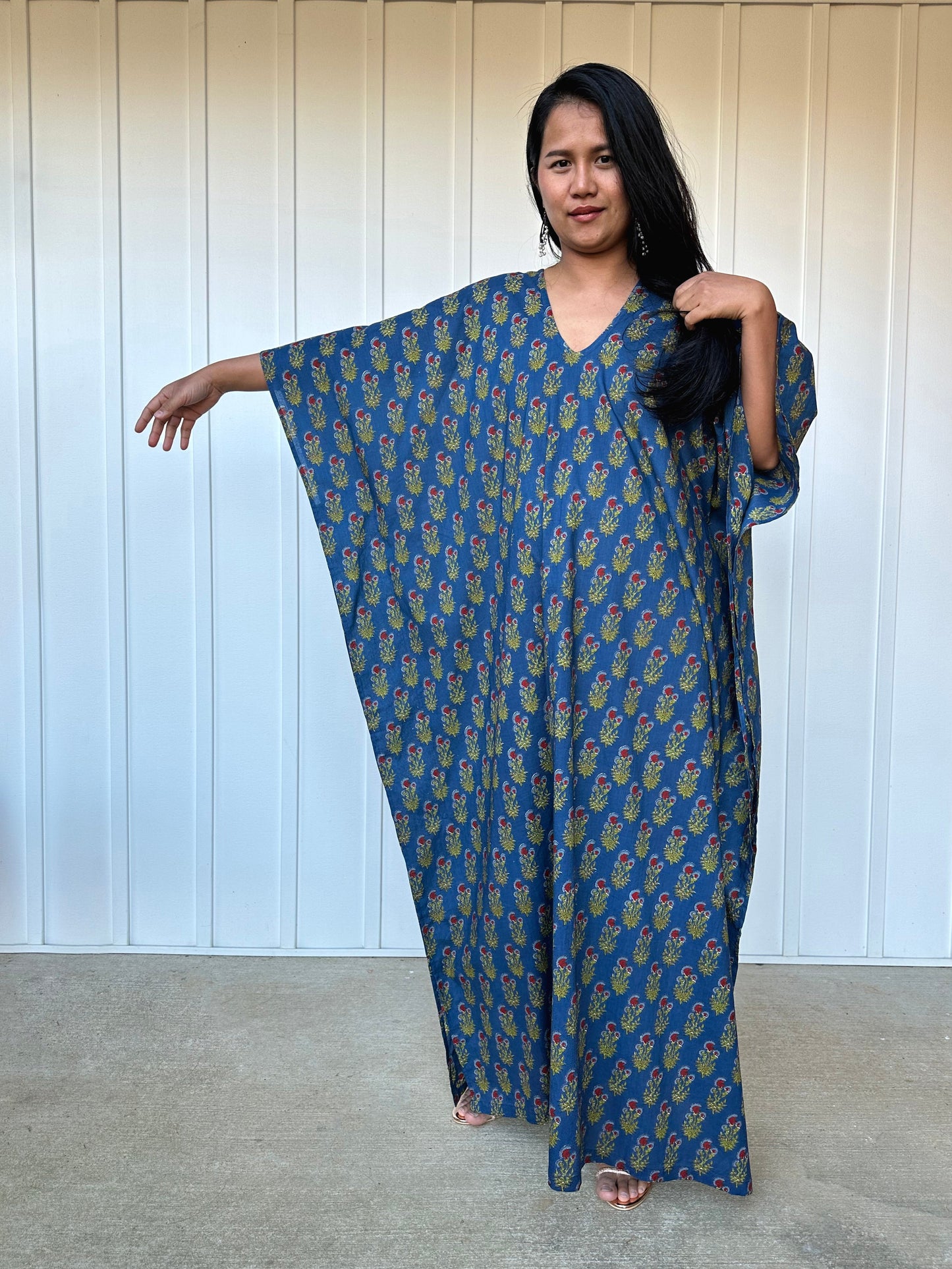 MALA handworks Evelyn Kaftan in Blue and Floral Pattern