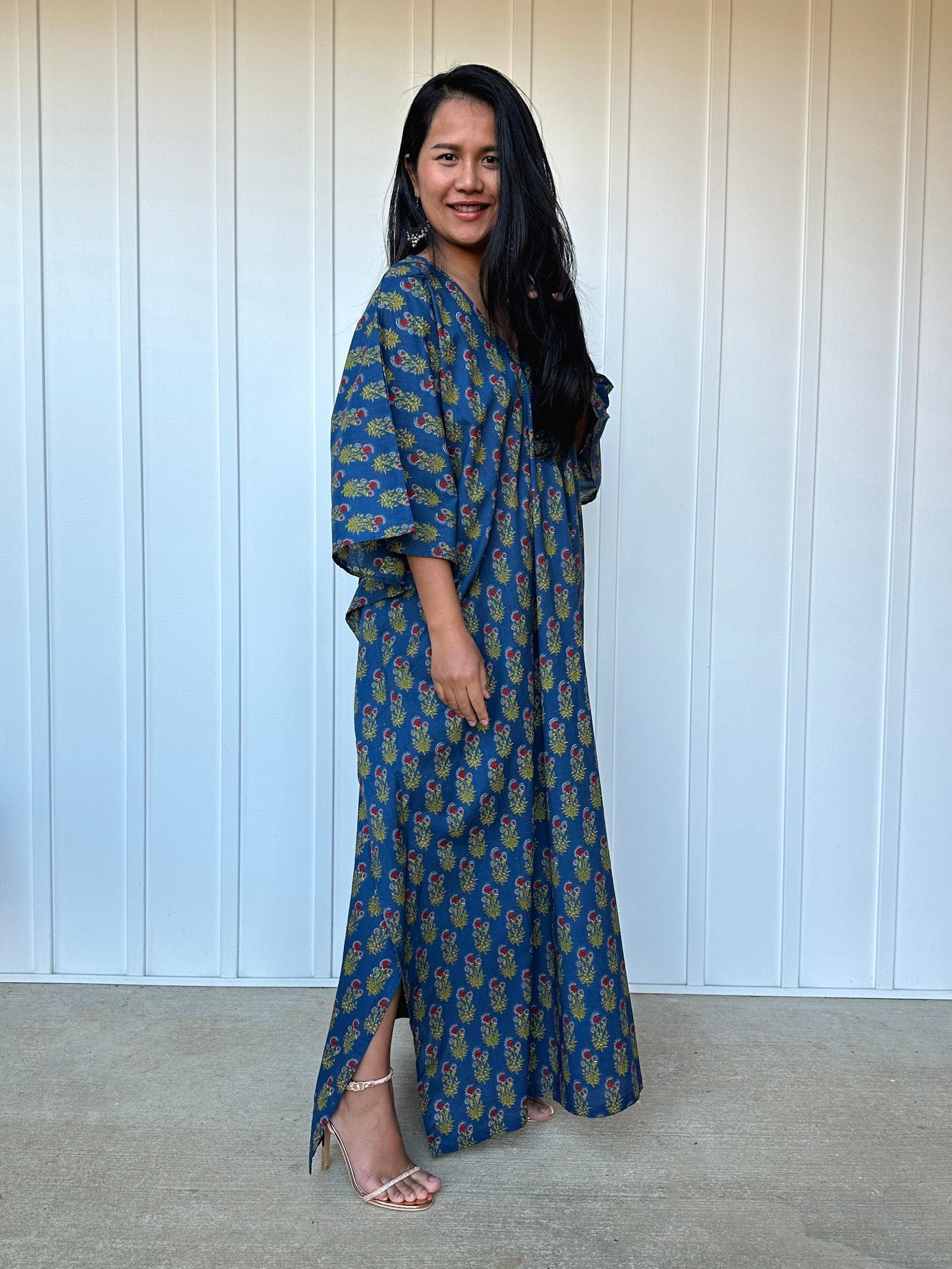 MALA handworks Evelyn Kaftan in Blue and Floral Pattern