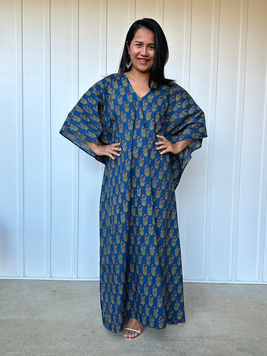 MALA handworks Evelyn Kaftan in Blue and Floral Pattern