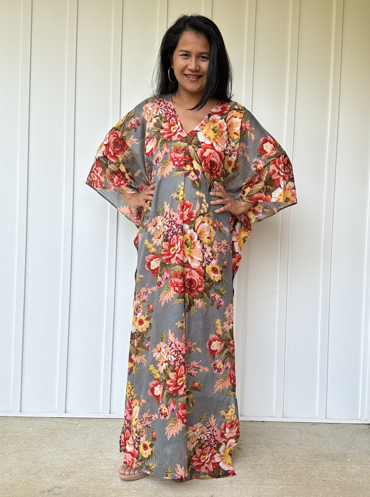MALA handworks  56 Evelyn Kaftan in Gray and Floral Pattern