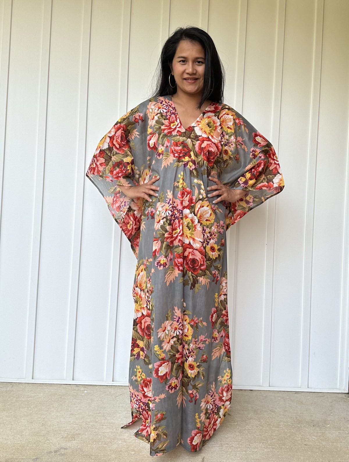 MALA handworks  56 Evelyn Kaftan in Gray and Floral Pattern