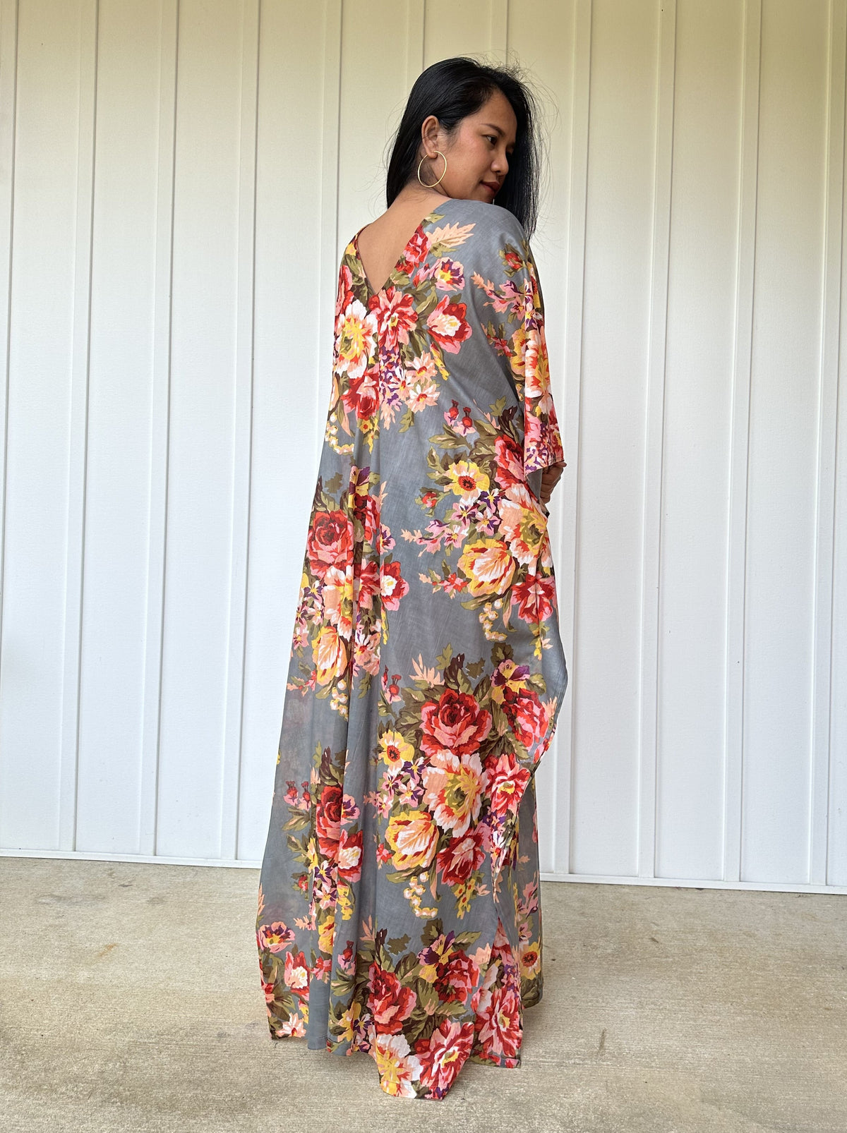 MALA handworks  56 Evelyn Kaftan in Gray and Floral Pattern