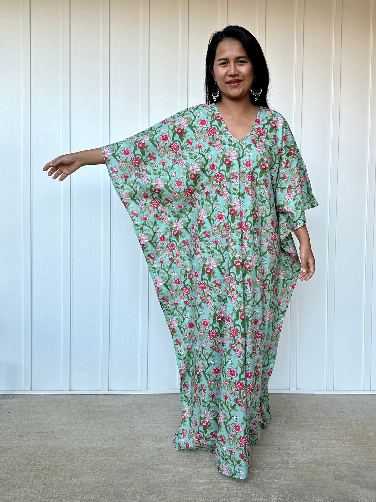 MALA handworks Evelyn Kaftan in Green and Floral Pattern