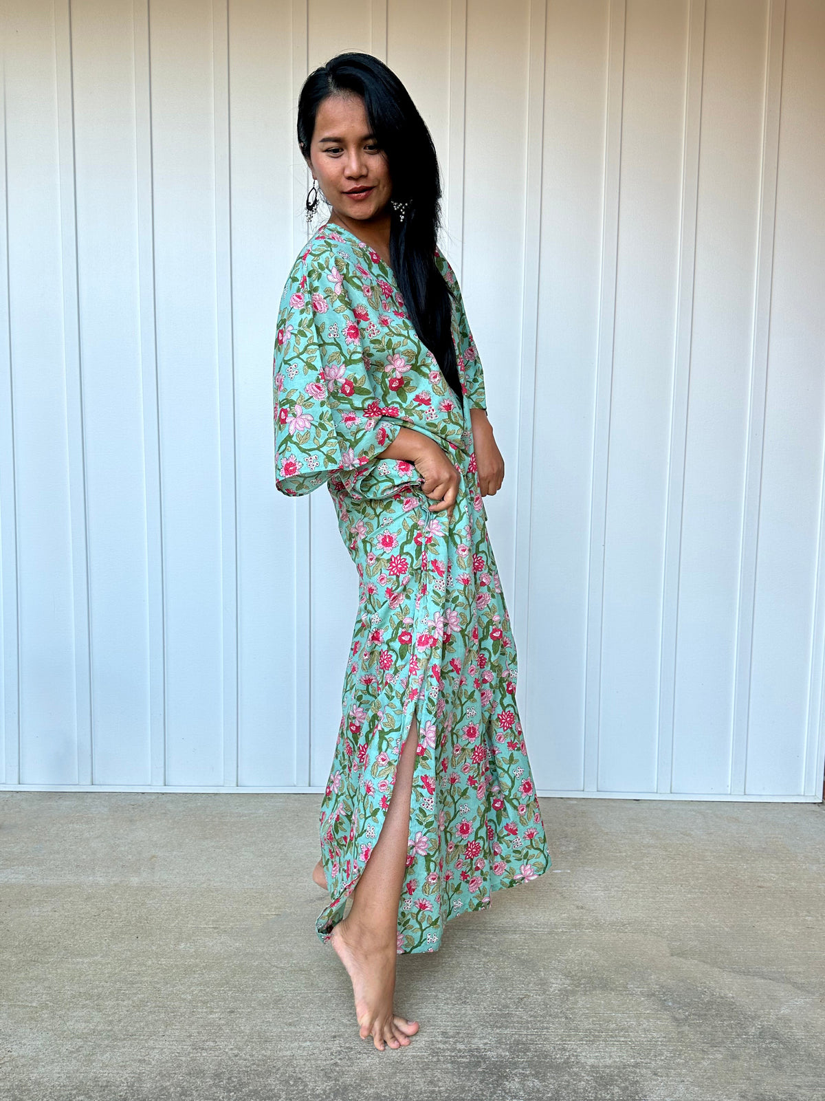 MALA handworks Evelyn Kaftan in Green and Floral Pattern