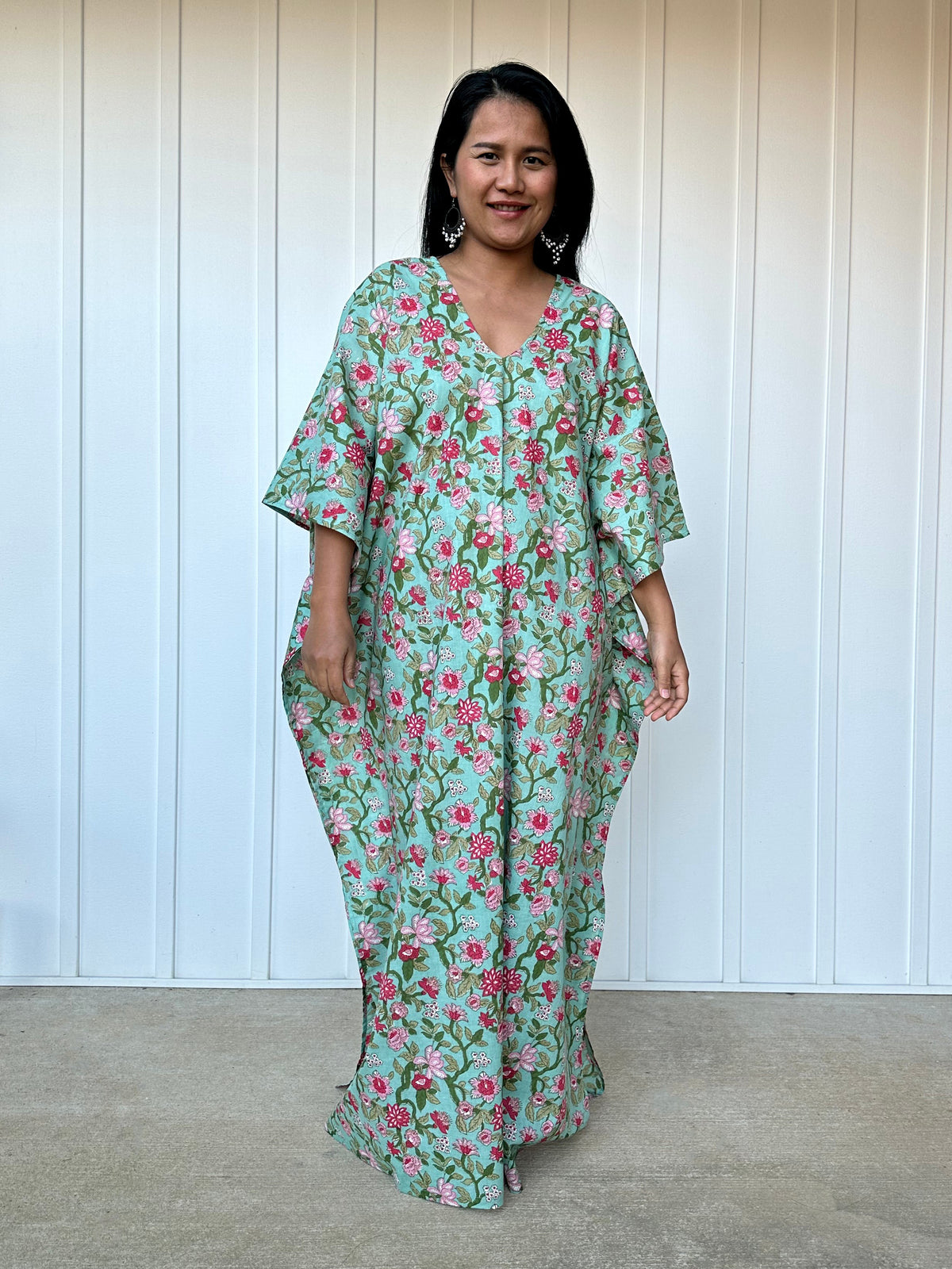 MALA handworks Evelyn Kaftan in Green and Floral Pattern