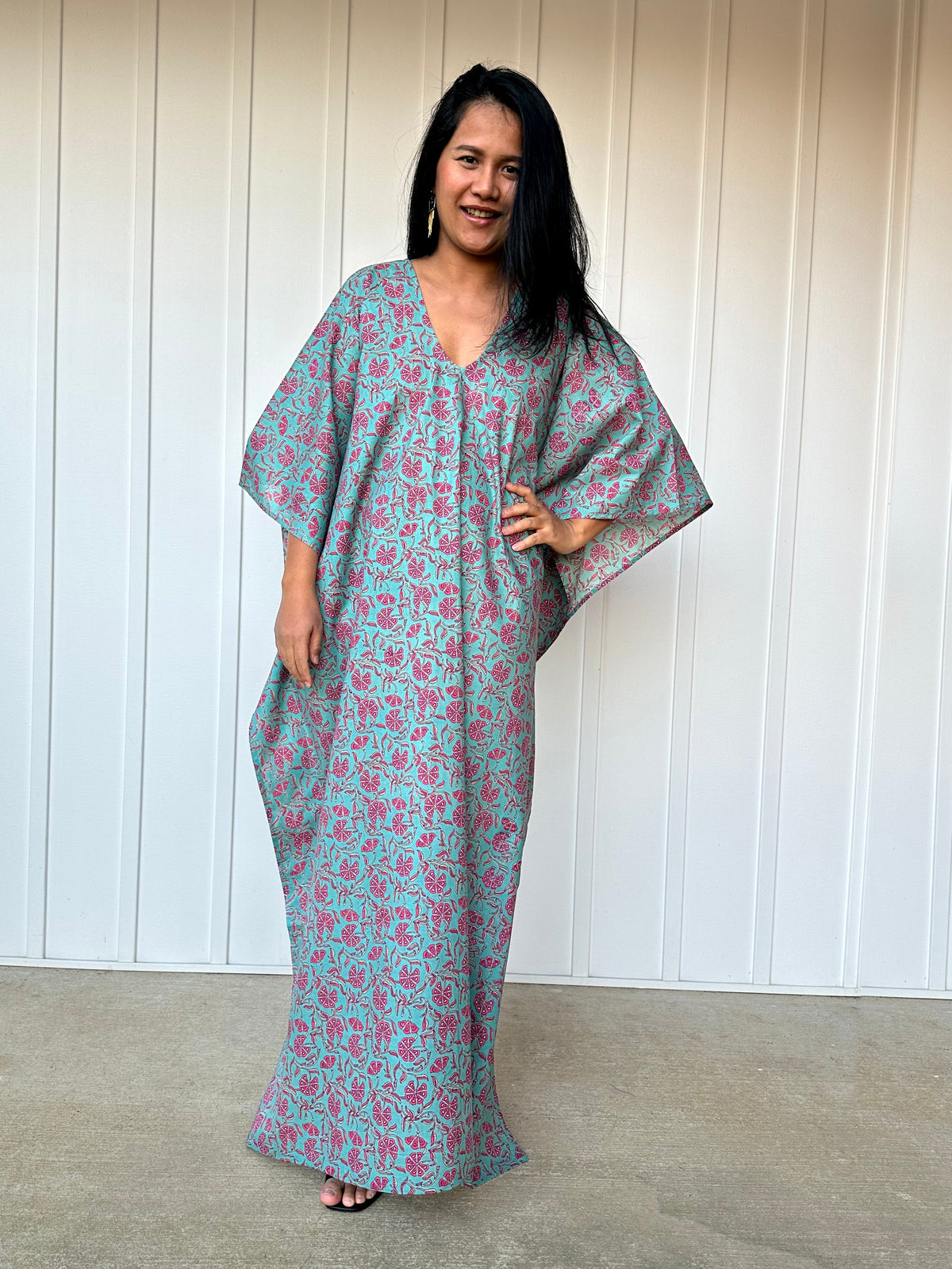 MALA handworks  Evelyn Kaftan in Green and Floral Pattern