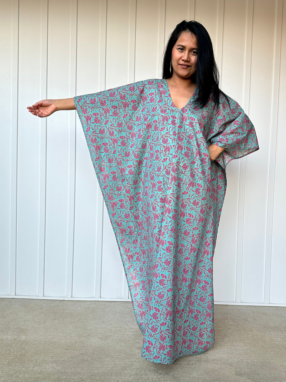 MALA handworks  Evelyn Kaftan in Green and Floral Pattern