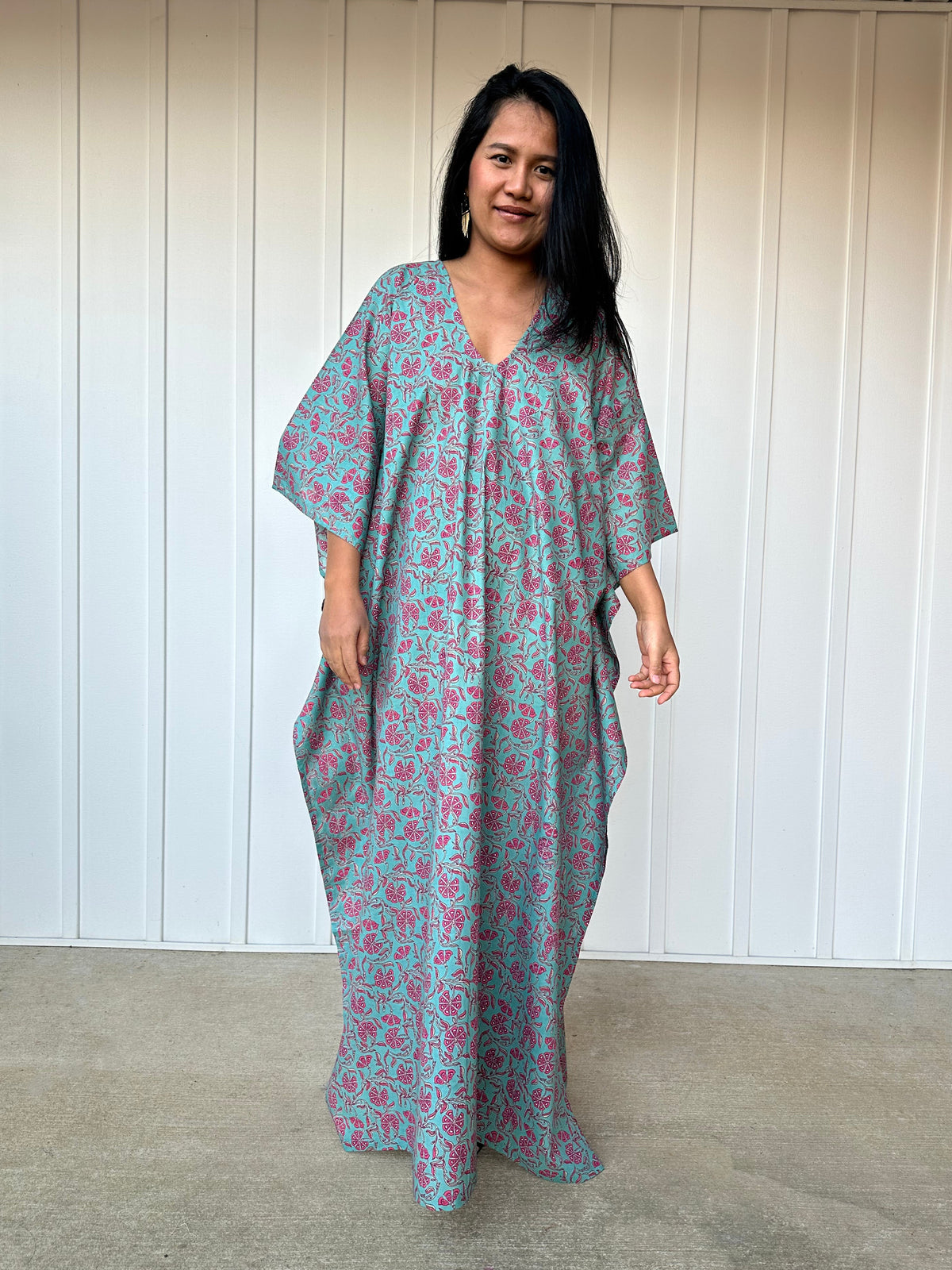 MALA handworks  Evelyn Kaftan in Green and Floral Pattern