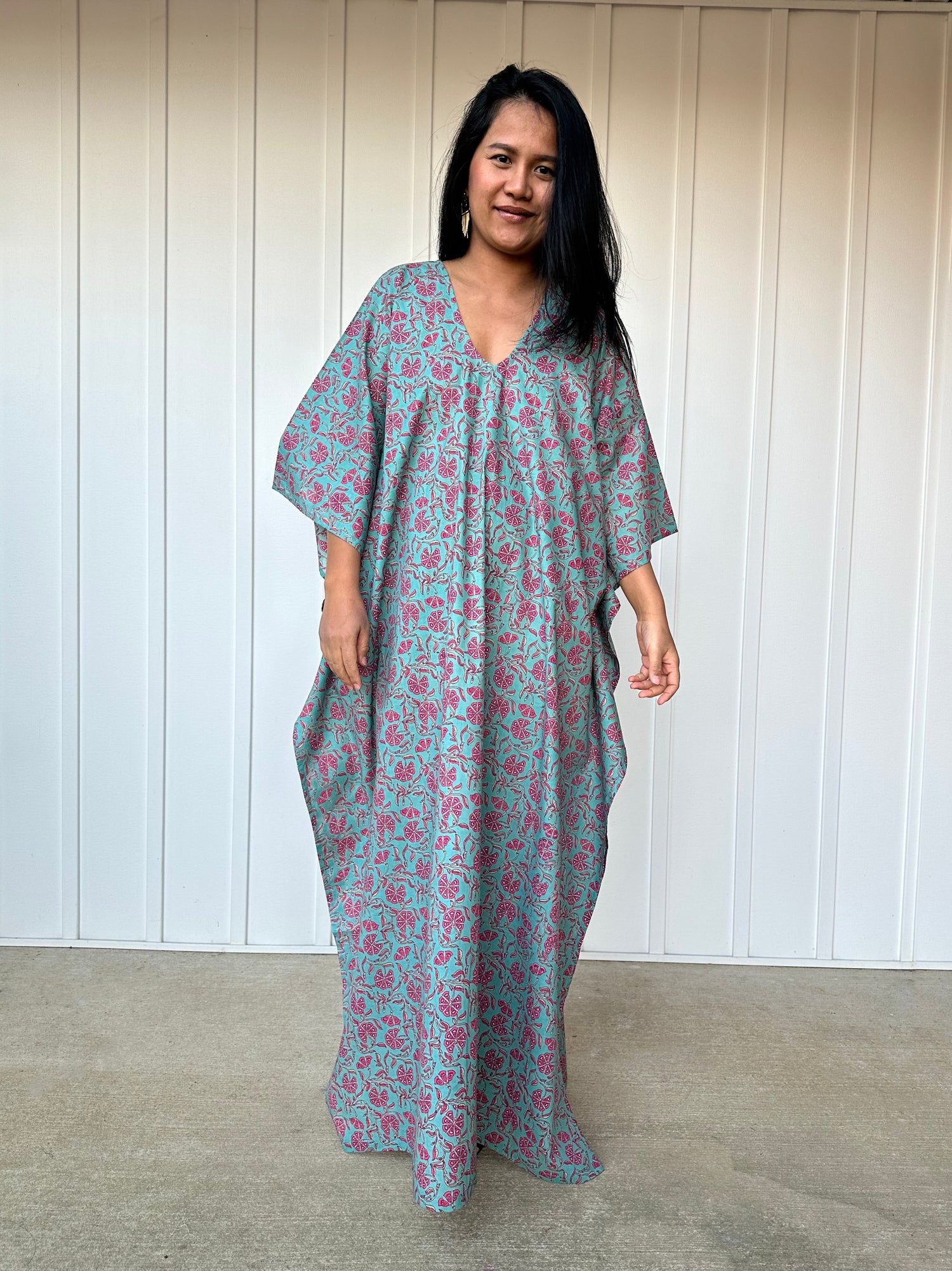 MALA handworks  Evelyn Kaftan in Green and Floral Pattern