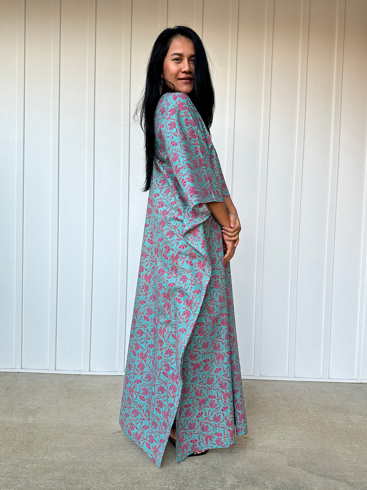 MALA handworks  Evelyn Kaftan in Green and Floral Pattern