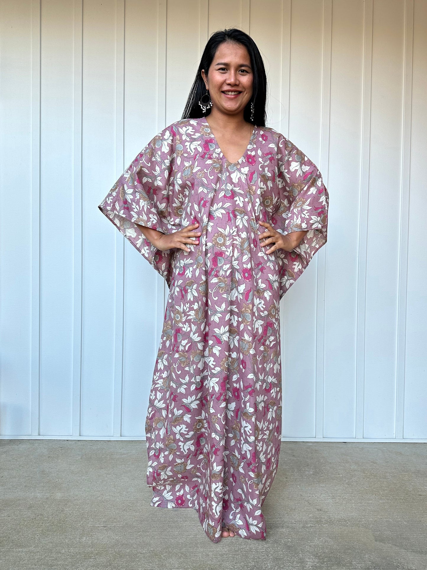 MALA handworks Evelyn Kaftan in Lavender and Floral Pattern