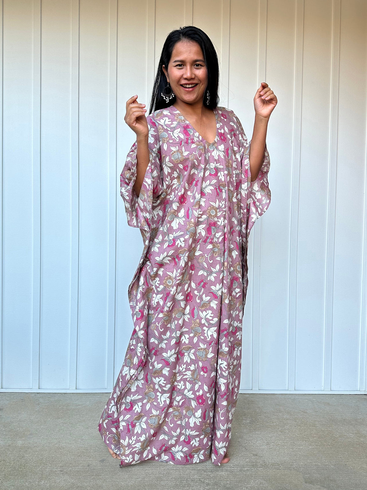 MALA handworks  Evelyn Kaftan in Lavender and Floral Pattern