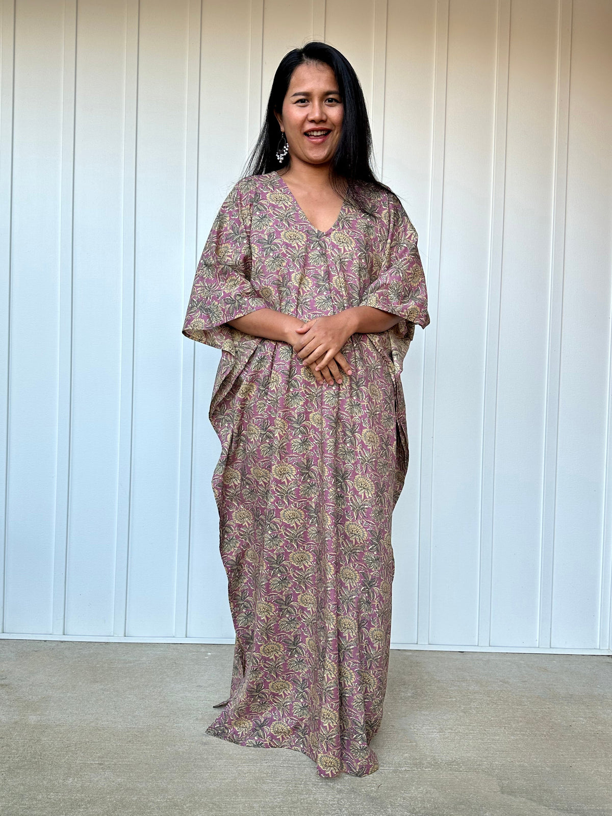 MALA handworks  Evelyn Kaftan in Lavender and Floral Pattern