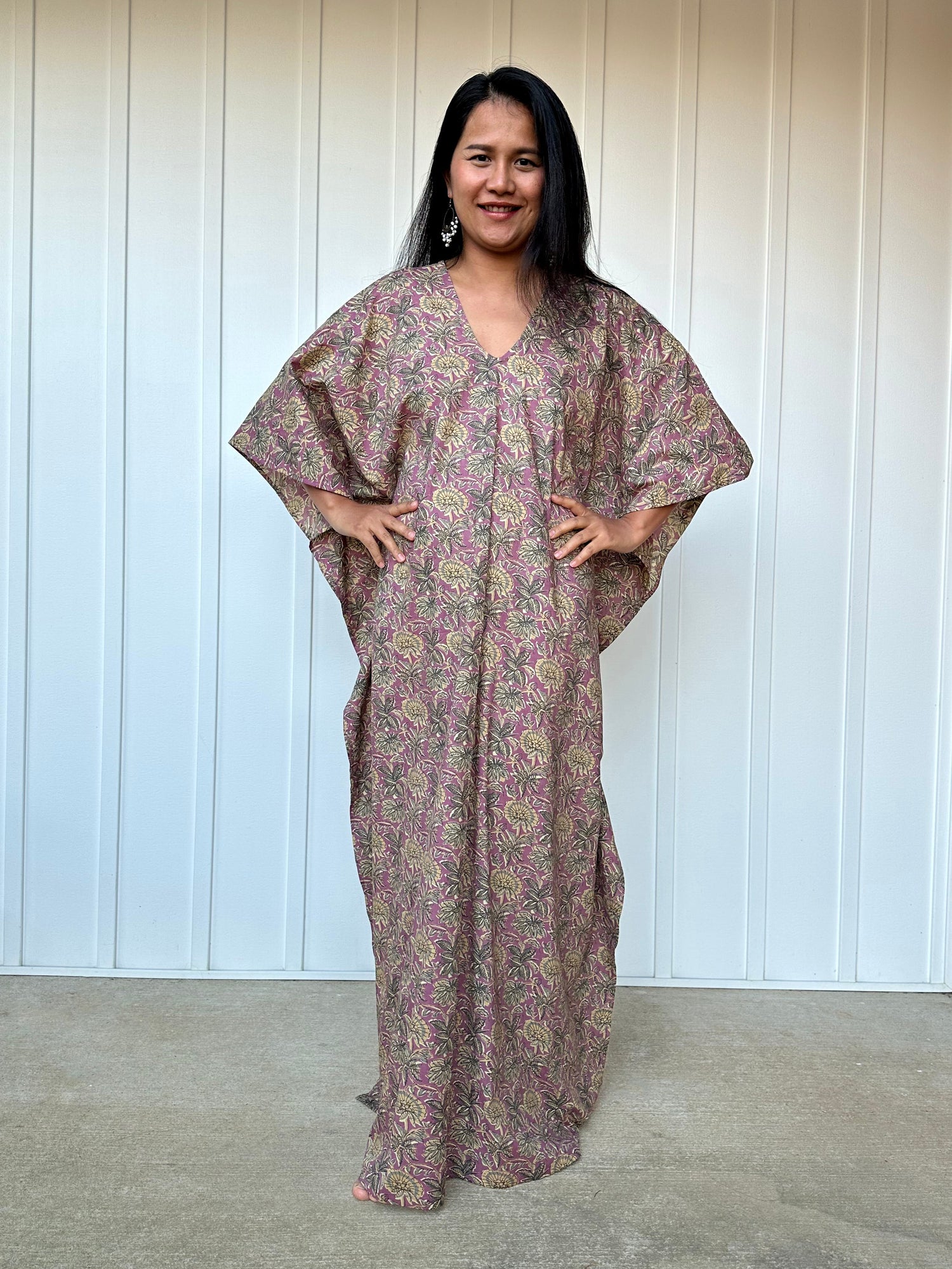 MALA handworks  Evelyn Kaftan in Lavender and Floral Pattern