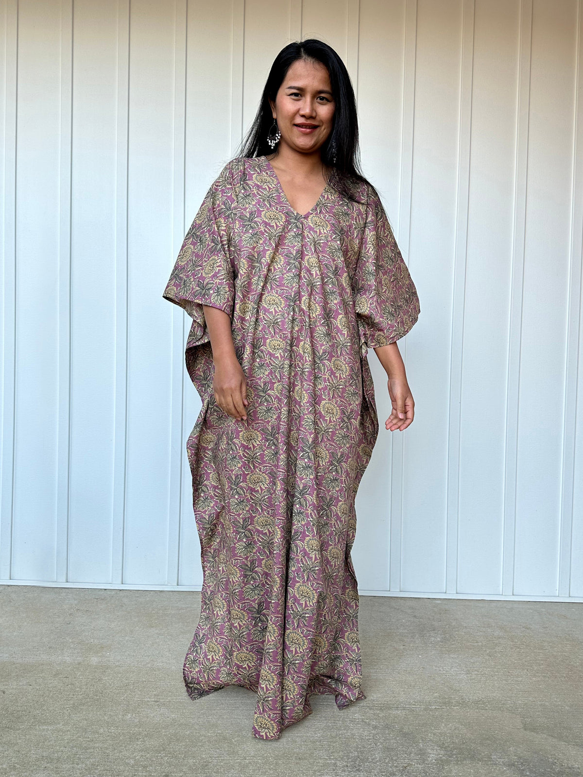 MALA handworks  Evelyn Kaftan in Lavender and Floral Pattern
