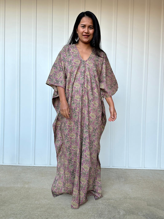 MALA handworks Evelyn Kaftan in Lavender and Floral Pattern