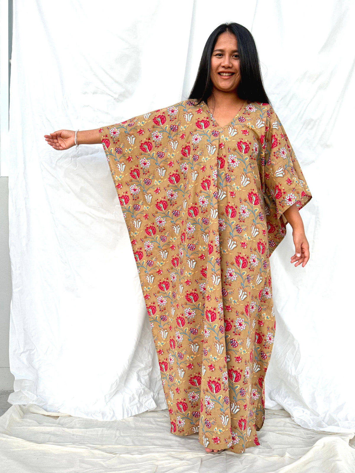 MALA handworks  56 Evelyn Kaftan in Light Brown and Floral Pattern