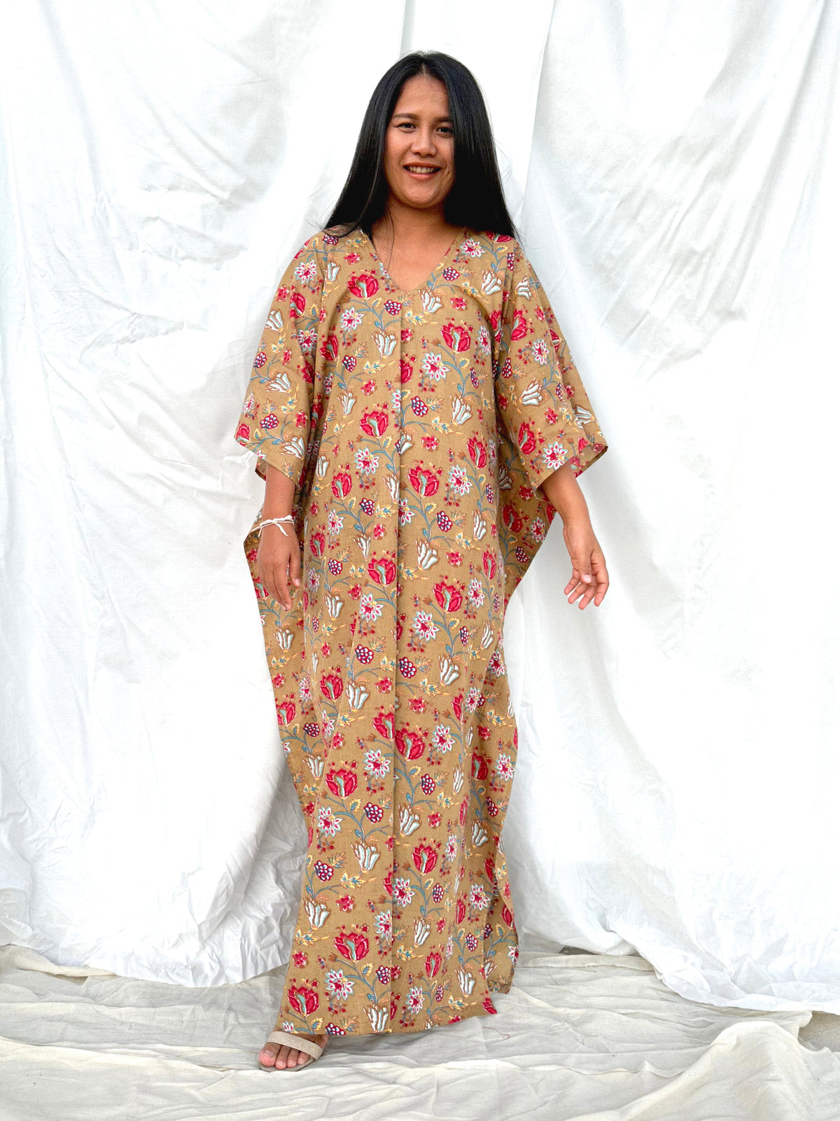 MALA handworks  56 Evelyn Kaftan in Light Brown and Floral Pattern
