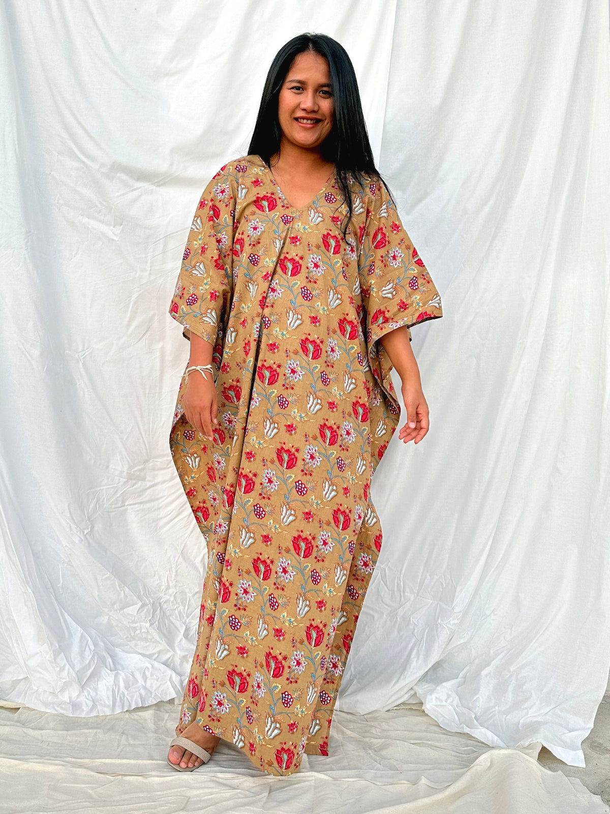 MALA handworks  56 Evelyn Kaftan in Light Brown and Floral Pattern