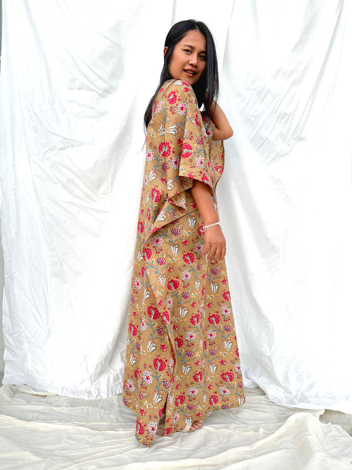 MALA handworks  56 Evelyn Kaftan in Light Brown and Floral Pattern