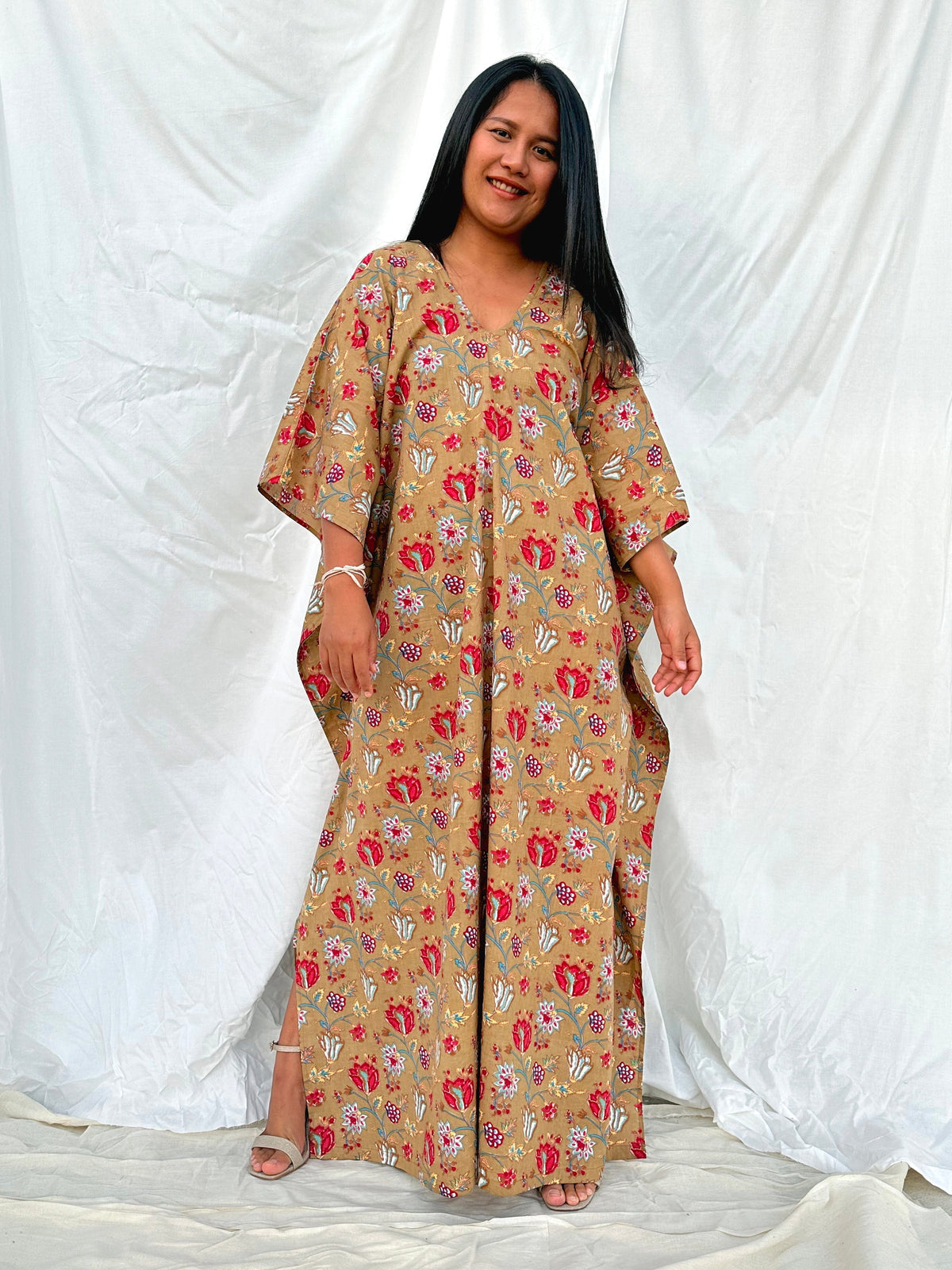 MALA handworks  56 Evelyn Kaftan in Light Brown and Floral Pattern