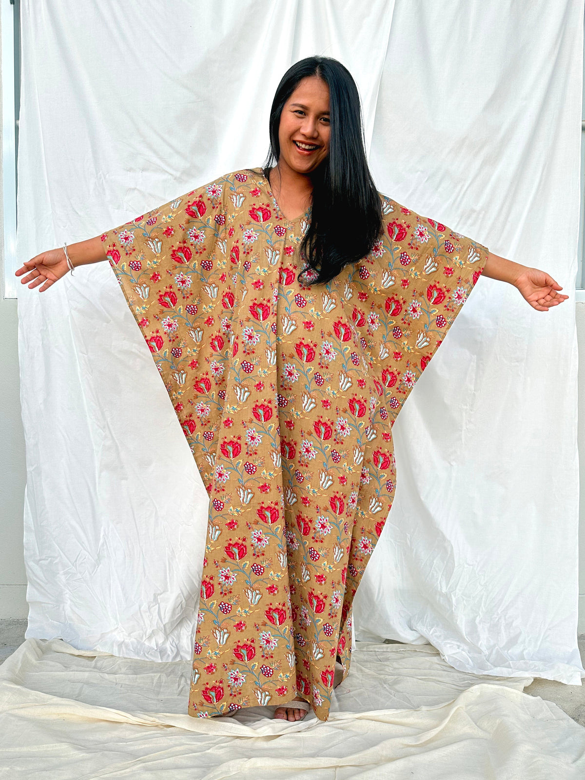 MALA handworks  56 Evelyn Kaftan in Light Brown and Floral Pattern