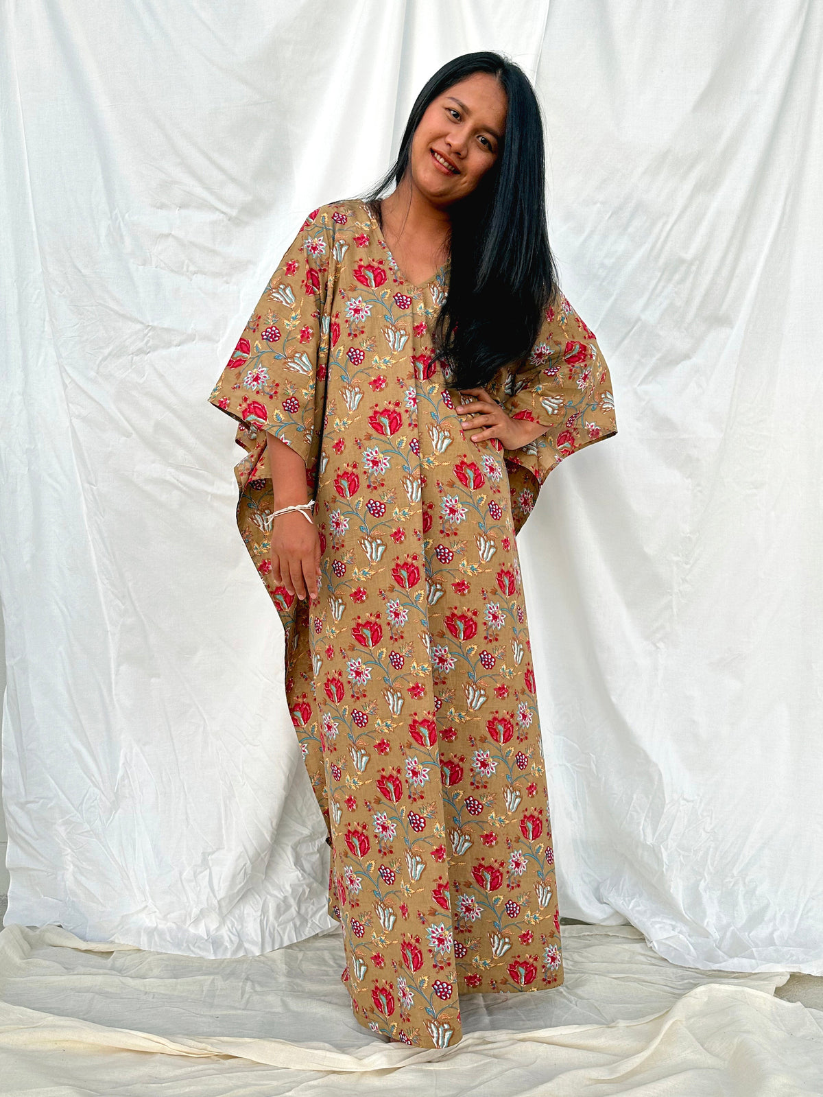 MALA handworks  56 Evelyn Kaftan in Light Brown and Floral Pattern
