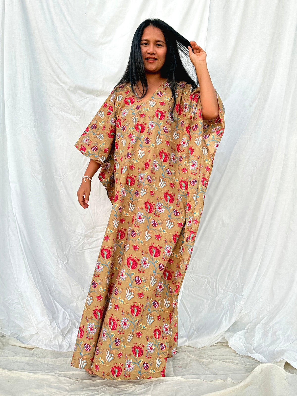 MALA handworks  56 Evelyn Kaftan in Light Brown and Floral Pattern