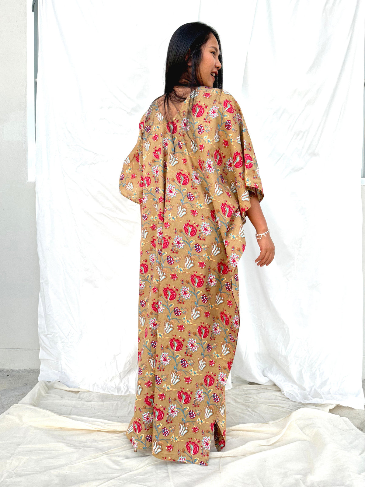 MALA handworks  56 Evelyn Kaftan in Light Brown and Floral Pattern
